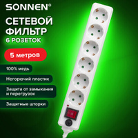 Сетевой фильтр SONNEN U-365 6 розеток с заземлением выключатель 10 А 5 м белый 511427