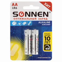 Батарейки Комплект 2 шт. SONNEN Alkaline АА LR6 15А алкалиновые пальчиковые блистер 451084