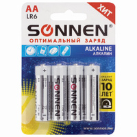 Батарейки Комплект 4 шт. SONNEN Alkaline АА LR6 15А алкалиновые пальчиковые блистер 451085