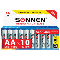 Батарейки Комплект 10 шт. SONNEN Alkaline АА LR6 15А алкалиновые пальчиковые короб 451086