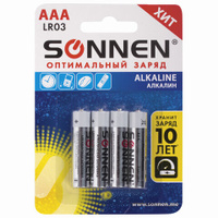 Батарейки Комплект 4 шт. SONNEN Alkaline AAA LR03 24А алкалиновые мизинчиковые в блистере 451088