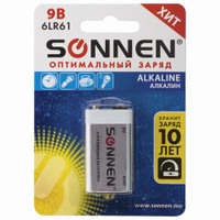 Батарейка SONNEN Alkaline Крона 6LR61 6LF22 1604A алкалиновая 1 шт. блистер 451092