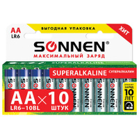 Батарейки Комплект 10 шт. SONNEN Super Alkaline АА LR615А алкалиновые пальчиковые в коробке 454231