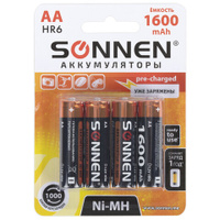 Батарейки аккумуляторные Ni-Mh пальчиковые Комплект 4 шт. АА HR6 1600 mAh SONNEN 455605