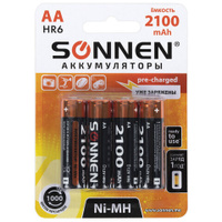 Батарейки аккумуляторные Ni-Mh пальчиковые Комплект 4 шт. АА HR6 2100 mAh SONNEN 455606