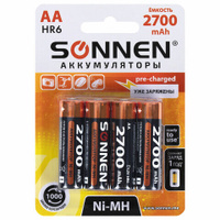 Батарейки аккумуляторные Ni-Mh пальчиковые Комплект 4 шт. АА HR6 2700 mAh SONNEN 455607