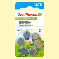 ZeniPower 675 (Синий) Mercury Free | 1,45 вольт Воздушно-цинковая батарейка для слуховых аппаратов - 6шт.