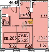 Квартира 2 комнатная 55 м2, 7-10 этаж ЖК Южный парк с. Усады