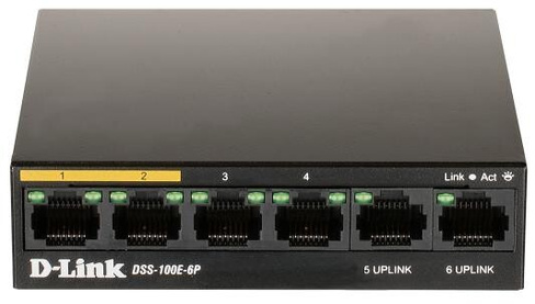 DSS-100E-6P/A1A Неуправляемый коммутатор с 6 портами 10/100Base-TX (4 порта PoE 802.3af/at, PoE-бюджет 55 Вт, дальность