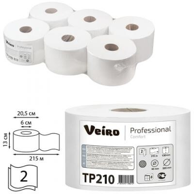 Бумага туалетная 215 м, VEIRO (Система T8), комплект 6 шт., с центральной вытяжкой, Comfort, 2-слойная, ТР210 VEIRO PROF